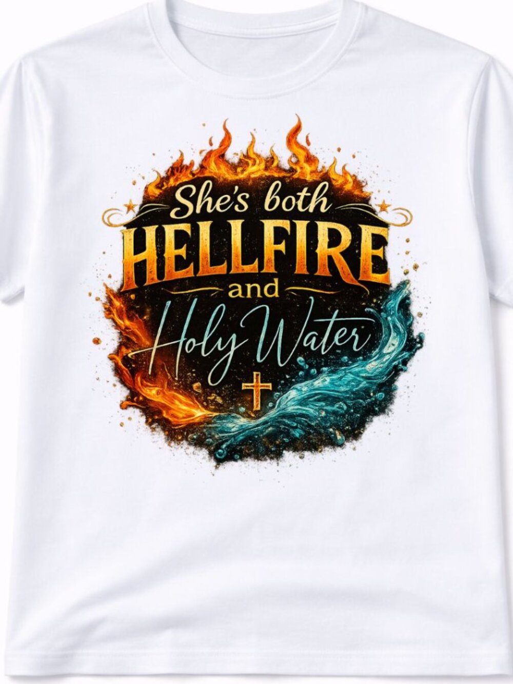 Hellfire and Holy Water Graphic T Shirt Trendy Boutique Style Tee Womens White